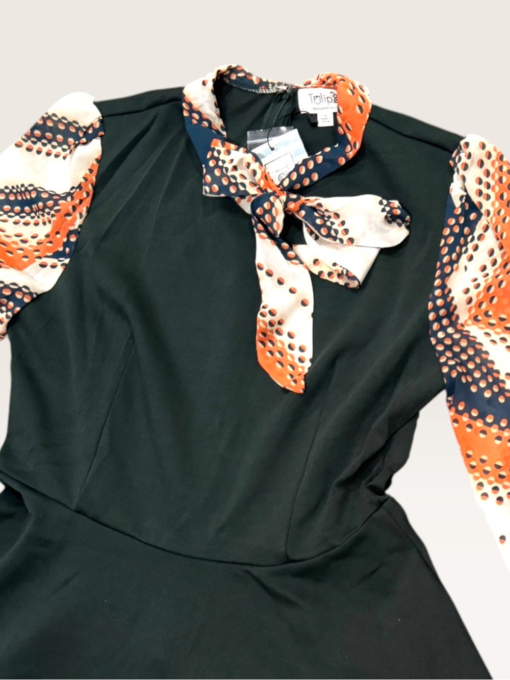 Tulip B Dark olive green Fit-and-Flare Dress with Orange Patterned Tie Medium - Picture 4 of 6
